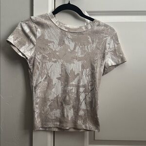 Hollister Cream and Gray Leaf Print Tee